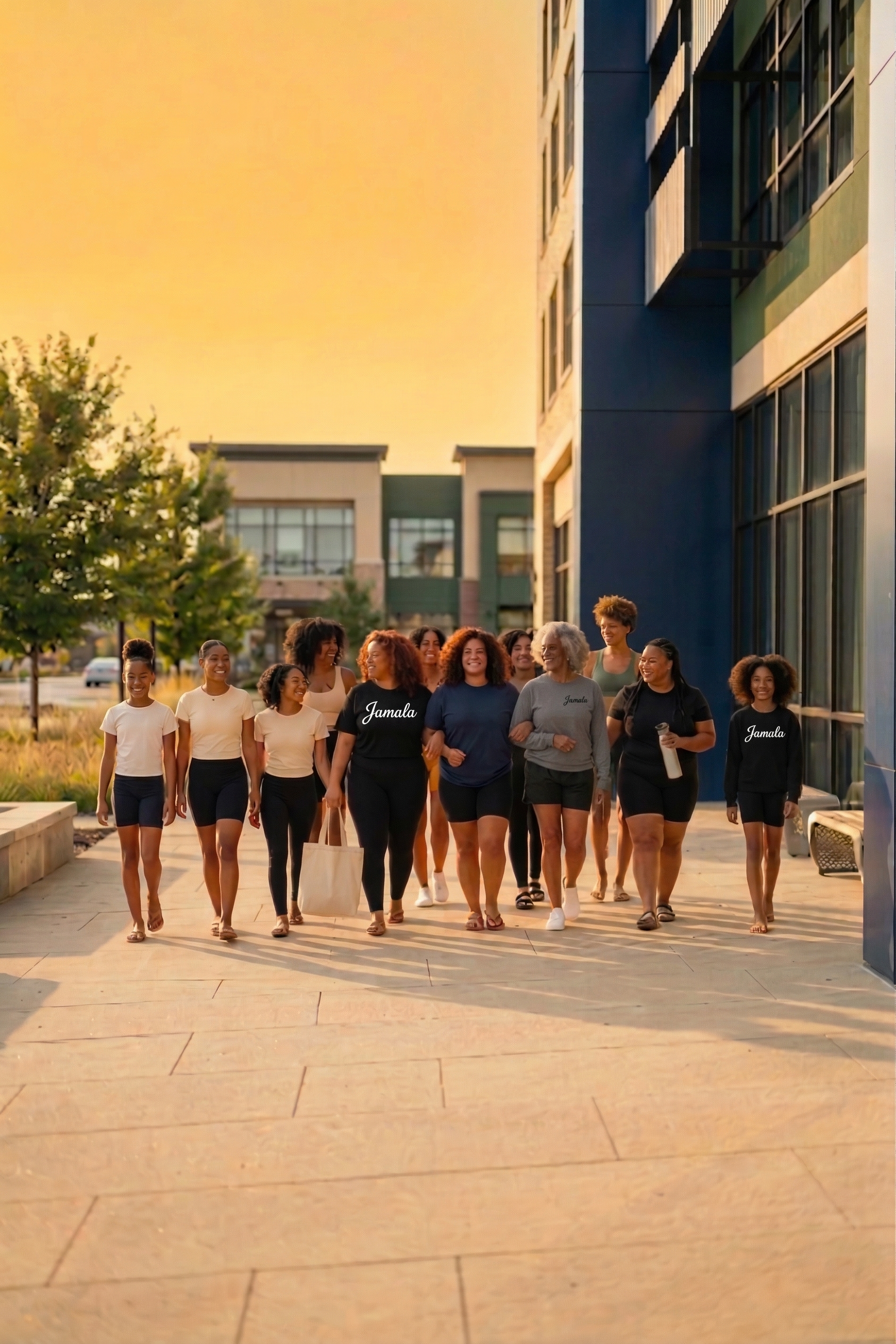 A group of Black women of different sizes walking together in Jamala shirts, smiling with confidence and joy